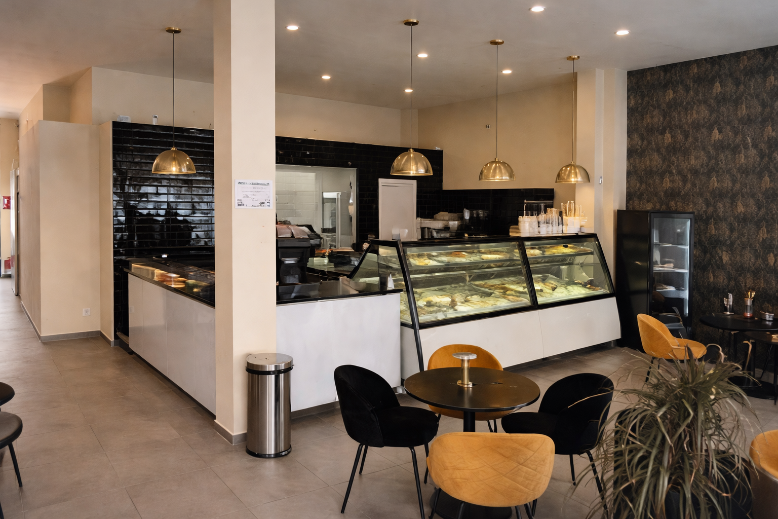 Interior de KATI Gelateria — mostrador con vitrinas iluminadas y sillas doradas