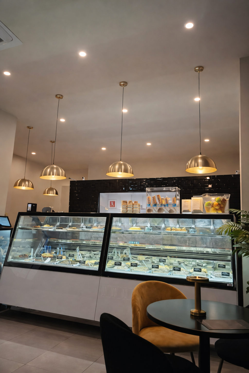 Vista interior del local con iluminación dorada y vitrina de gelato